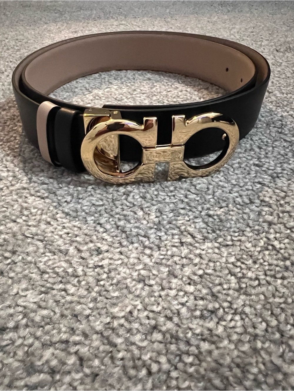 Salvatore Ferragamo Black Leather Belt with Gold Double Gancio Buckle